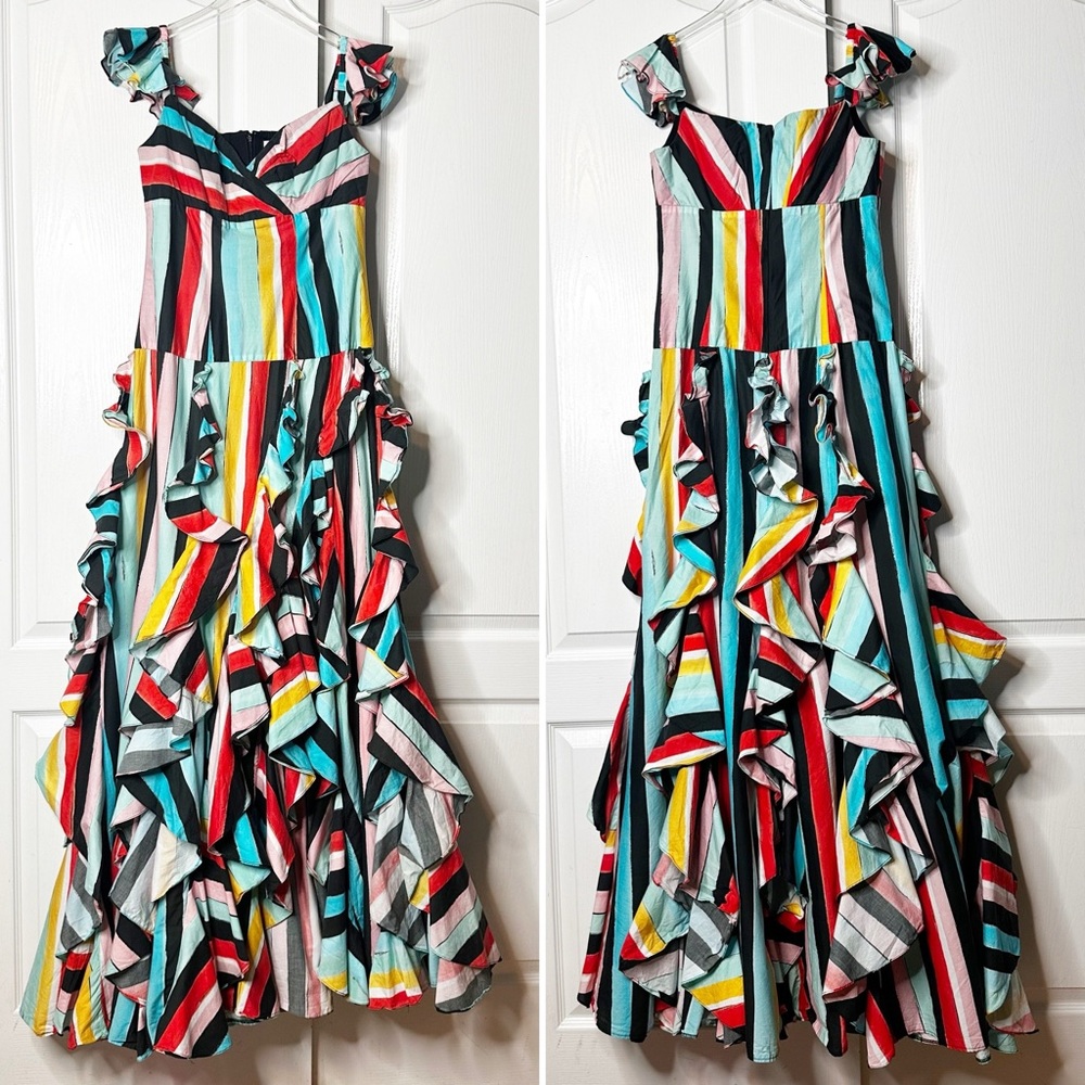 Caroline Constas Rainbow Striped Ruffle Gown Off Shoulder Size Large - Picture 5 of 16